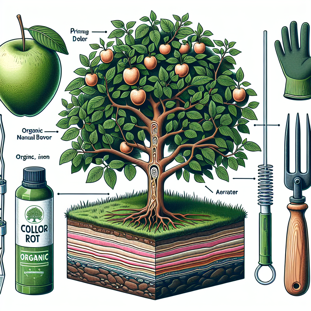 Illustration of a healthy, vibrant fruit tree in a lush, well-tended orchard. Zoom in on a detailed cross-section view of the tree trunk showing its layers, healthy and rot-free. Nearby, plant care tools like a gardening glove, a manual aerator and pruning shears are neatly arranged, ready for use. Next to it, an organic, non-branded bottle of anti-fungal liquid viable for preventing collar rot. All components are devoid of textual descriptions or brand logos, focusing solely on visual details.