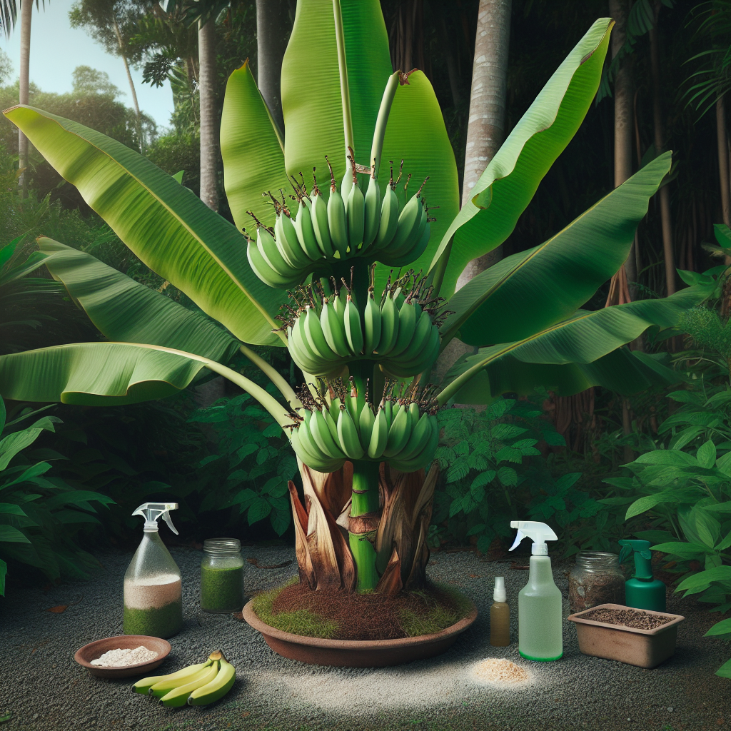 A detail-oriented image of a lush green banana plant, standing stout amidst a tropical garden setting. It's dotted with newly formed bananas hanging from its crown. The plant appears healthy, with radiant leaves rustling subtly in the gentle wind. On the ground nearby is a scattering of organic treatments, including a spray bottle full of natural antifungal solution, some crushed eggshells, and a pile of compost. The scenery exudes an air of health and resistance to disease, silently affirming the successful combating of Crown Rot Disease in banana plants.