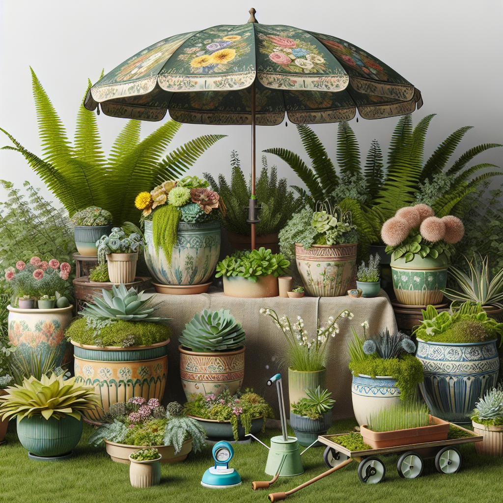 A diverse selection of greenery – including ferns, succulents, and flowering plants – arranged in an array of colourful ceramic planters. They're shaded from the intense sunlight by an umbrella, designed with vintage patterns featuring soft colours. Below, a moisture metre is inserted in one of the pots to monitor water levels. Nearby, a mist spraying device is seen, its fine droplets caught in the slight breeze, reducing the temperature. Elsewhere, several planters sit on top of wheeled caddies, allowing for easy movement to shadier spots. Remember, there are no people, brand names or text in this tranquil garden scene.