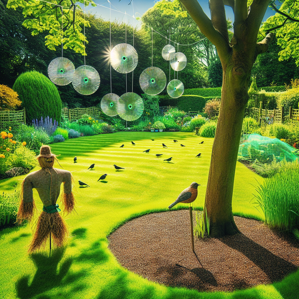 A vivid scene on a sunny day capturing a well-tended garden. In the foreground, there's a lush green lawn with freshly scattered grass seed. A collection of bird deterrent methods are apparent: a scarecrow shaped like a predatory bird, twirling reflective disks hanging from a tree, and a fine transparent netting laid over a part of the garden. No people, text, or brand names are present.