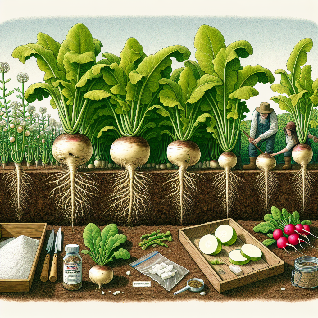A detailed image illustrating the act of preventing root maggots in turnips and radishes. The scene should show a garden full of turnips and radishes thriving healthily. Some turnips and radishes are cut open to reveal the absence of root maggot infestation. On a side, there're items commonly used to prevent root maggots, like diatomaceous earth and crop covers, carefully laid out. However, there should be no people involved in the scene. Importantly, the image should refrain from featuring any text, brand names, or logos.