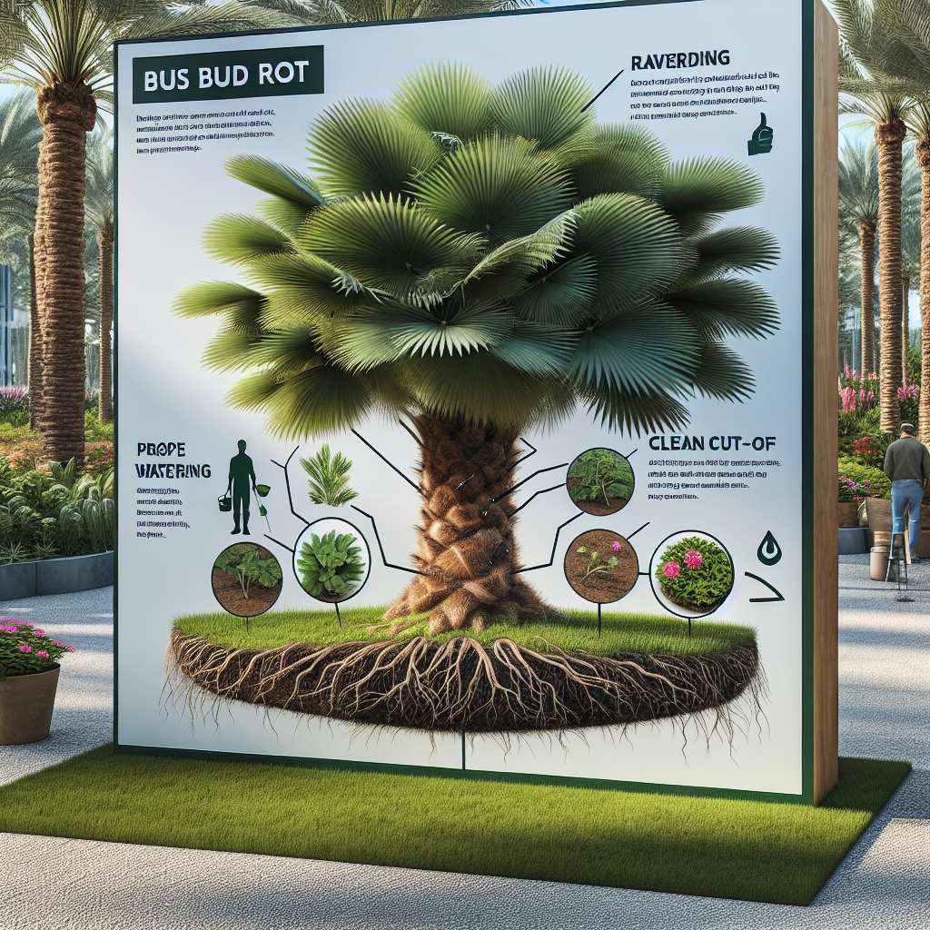 An image showcasing a healthy, robust palm tree that is free from bud rot. The fronds of the tree are lush and thriving, signifying good health. Adjacent to the sturdy trunk, a close-up section shows the details of care that keep the tree guarded against bud rot, including proper watering, trimming, and clean cut-off of any infected parts. The display should show the preventative measures without involving any people, brand names, logos or text in the visualization. The surroundings of the tree include generic gardening tools and natural sunlight.