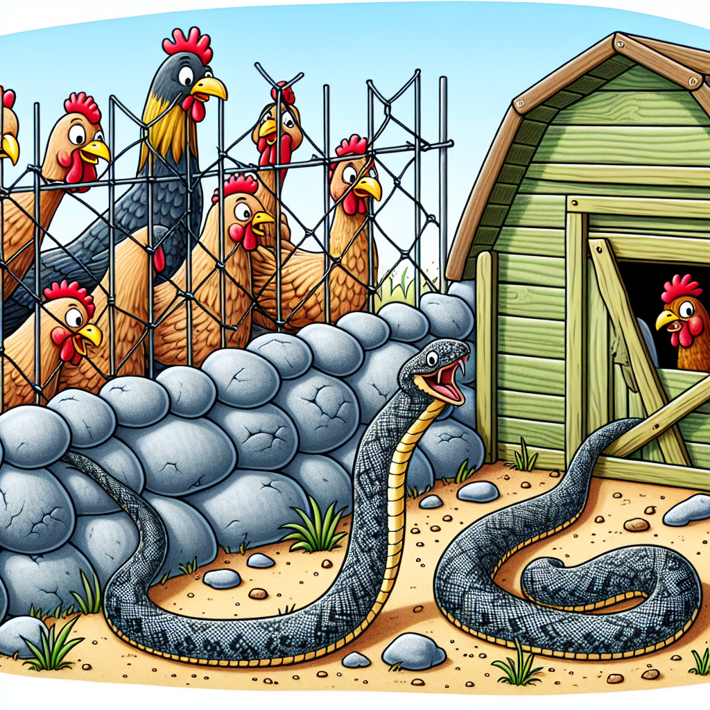 Illustration of snakes retreating from a protective barrier designed to keep them away from a chicken coop. The chickens, secured inside their coop, are shown peering curiously at the seemingly confused snakes attempting to bypass the barrier, all in a rural setting. Materials potentially used as a barrier like stones, a fine mesh screen, and fencing, are depicted in the picture. But remember, the picture won't contain any brands, logos, or people, as per your specifications.