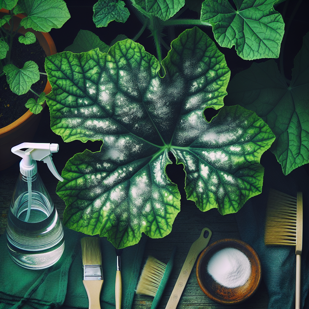 A vibrant, close-up view of squash leaves, emphasizing their intricate texture and deep green color. A dusting of powdery mildew is visible on the leaves, manifesting as white, patchy spots. Beside these affected leaves, a clean squash leaf contrasts healthily, untouched by the mildew. Implements for natural disease control such as: a spray bottle filled with a mix of water and mild soap; a small dash of baking soda; and a soft brush for gentle application of the mixture exist, adding a practical element to the image. Set this in an outdoor garden to highlight the natural environment.