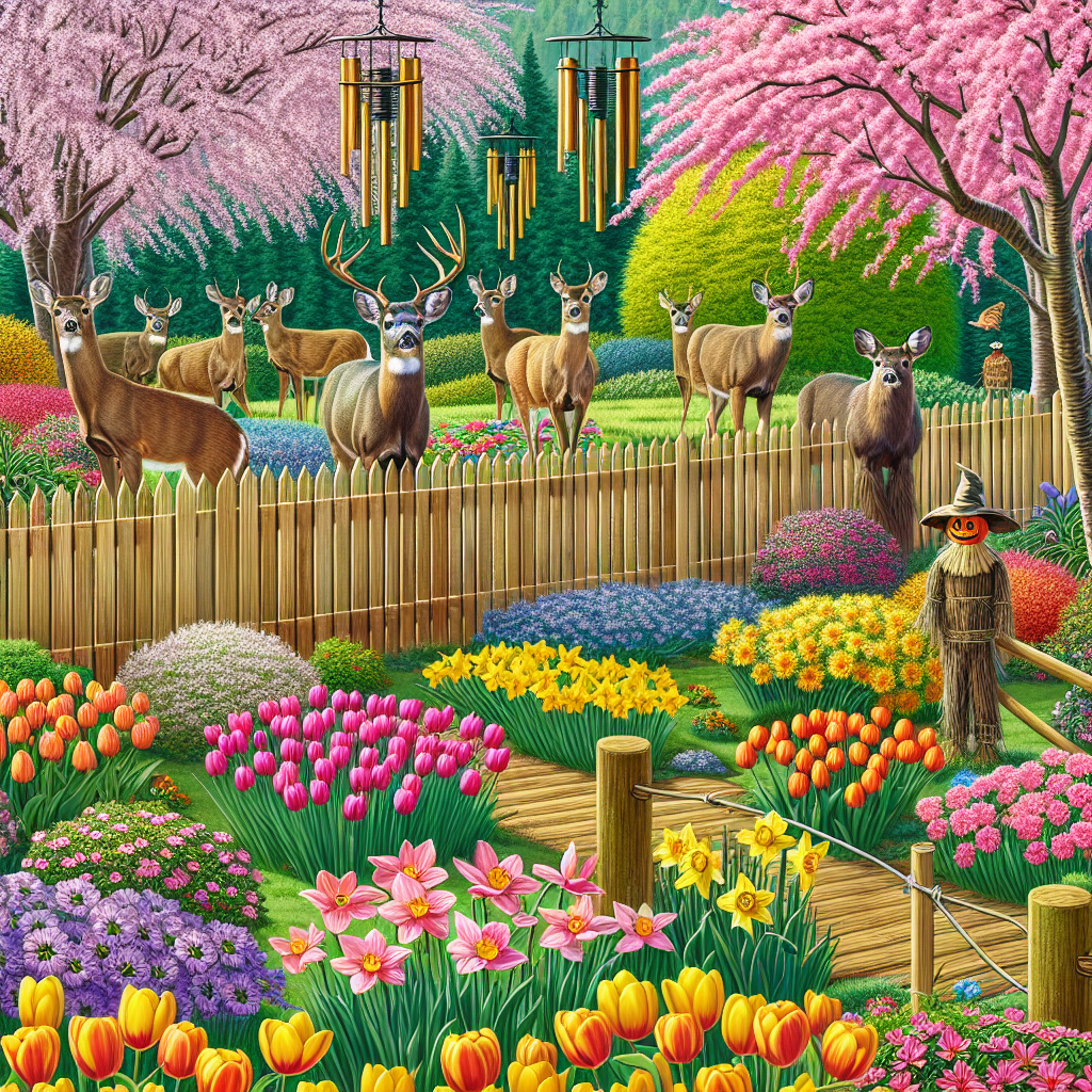 A vibrant scene in spring with a myriad of colorful tulips, daffodils and cherry blossoms in full bloom. Several deer, in the distance, are looking towards the garden seemingly intrigued, but a series of deterrent measures keep them at bay. These include a tall wooden fence around the perimeter, wind chimes hanging from the trees, and a scarecrow placed strategically at the entrance. The image must be devoid of any human presence, text, brand names, or logos. The primary focus is on ingenious, non-harmful methods of deterring deer.