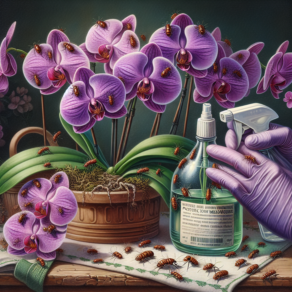 A detailed botanical painting style image emphasizing the beauty of blooming orchids in an indulgent purple color. The orchids are contrasted with small mealybugs invading the scene, visible but not overpowering the image. Focus is given to protective measures - a natural homemade insecticide spray in a generic unbranded glass bottle with a sprayer, and a pair of gloved hands efficiently removing the bugs with a tweezers, inferring the safe handling and care for these delicate flowers. The scene is set on a wooden tabletop draped with a green garden cloth. No text or people are present in the image.