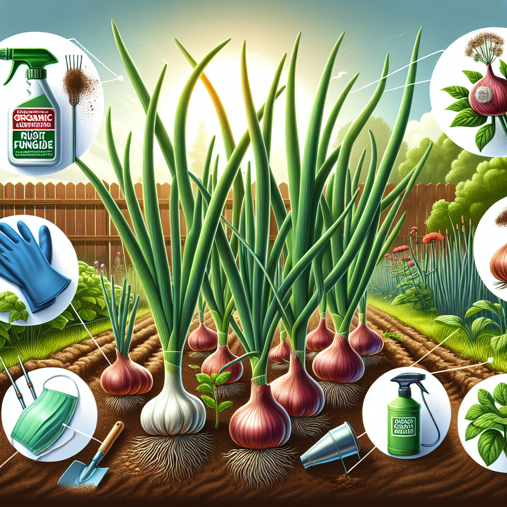 A detailed look at healthy and rust-free garlic and onion plants. The plants are mature, with green leaves and visible bulbs just below the soil surface. Specific prevention measures against rust fungi are represented symbolically: a bottle of organic fungicide nearby without brand or text, gloves, a face mask, and a garden sprayer. Also in the image, a garden scene background with a wooden fence, the sun shining in a blue sky, and various other plant species without rust.