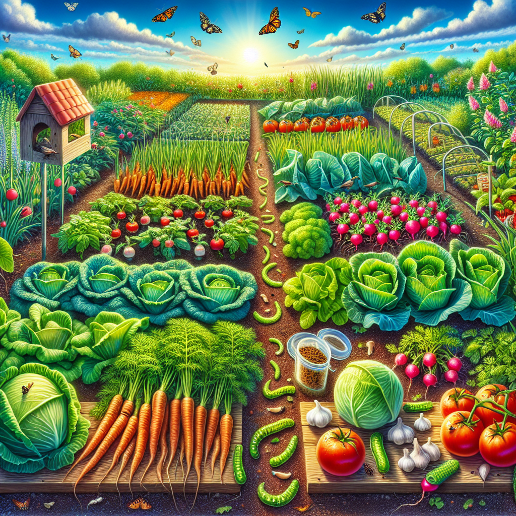 A vivid image of a lush vegetable garden filled with different types of vegetables such as carrot tops, radishes, tomatoes and lettuce. In one corner of the garden, there are signs of cabbage worms munching on the leaves of cabbages causing damage. A few natural deterrents to cabbage worms are placed strategically around the garden: rows of garlic plants, a small bird house for birds to nest in, and a trap containing naturally occurring bacterium called bacillus thuringiensis. The sky above is vibrant blue, giving the garden a warm and sunny atmosphere.