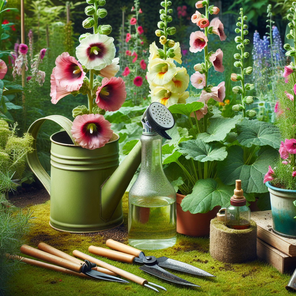 An educational and informative scene focused on gardening. It features healthy flourishing Hollyhocks and Snapdragon flowers in a well-maintained garden. The scene also includes vital gardening tools such as a watering can and pruning shears laying nearby. In the background, there is a spray bottle filled with a homemade remedy, hinting at the prevention of rust on these plants. The colours are lively, the plants are lush and vivid, indicating their excellent health. The overall atmosphere promotes organic and attentive plant care, without showing any brands, logos or people.