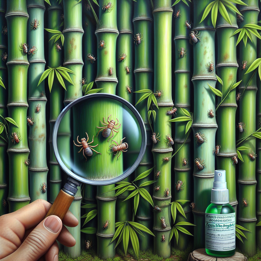 A detailed scene of a lush, green bamboo forest comprising a natural privacy screen. Interwoven are mature bamboo plants with their characteristic segmented trunks. Some leaves show signs of mite damage, evident by small yellowing patches. A hand holds a magnifying glass, offering a close-up view of the minuscule bamboo mites, painted in lifelike detail. Next to the bamboo, a bottle of generic, non-branded organic mite repellent sits, its spray directed at affected areas. The focus is on the methods of protection against mites and maintaining the health and integrity of the bamboo privacy screens.