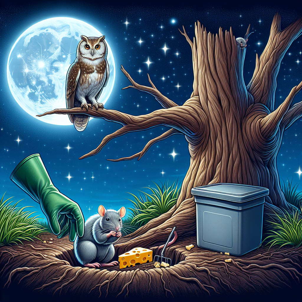 A night scene showcasing a majestic and healthy owl perched on an old tree branch, looking into the distance, under a moonlit sky filled with twinkling stars. Nearby, a rat nibbles harmlessly on a piece of cheese, far away from an owl. Separately, on the other side of the image, a hand wearing a gardening glove is depicted burying a small container in the ground, which symbolizes the safe disposal of harmful substances like rat poison, away from the reach of wildlife. The scene is peaceful, highlighting the coexistence of creatures in a secure environment, free from harmful elements.
