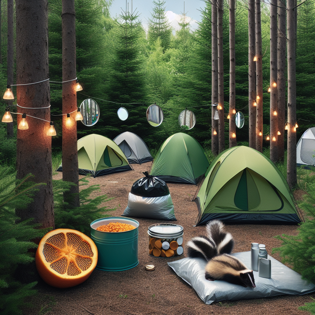 An outdoor camping site surrounded by lush green conifers. A row of small, unbranded tents of diverse colors is neatly arranged. A variety of skunk deterrent methods are subtly included. A bright, spotted orange peel lies near one tent, while a string of twinkling, battery-operated lights hangs around another. By a tent, a small dish of mothballs is carefully tucked away. A sealed garbage bag, indicating proper disposal of food waste, is seen at a distance from the camp. In the surrounding trees, mirrors reflecting the sunlight are discreetly placed.