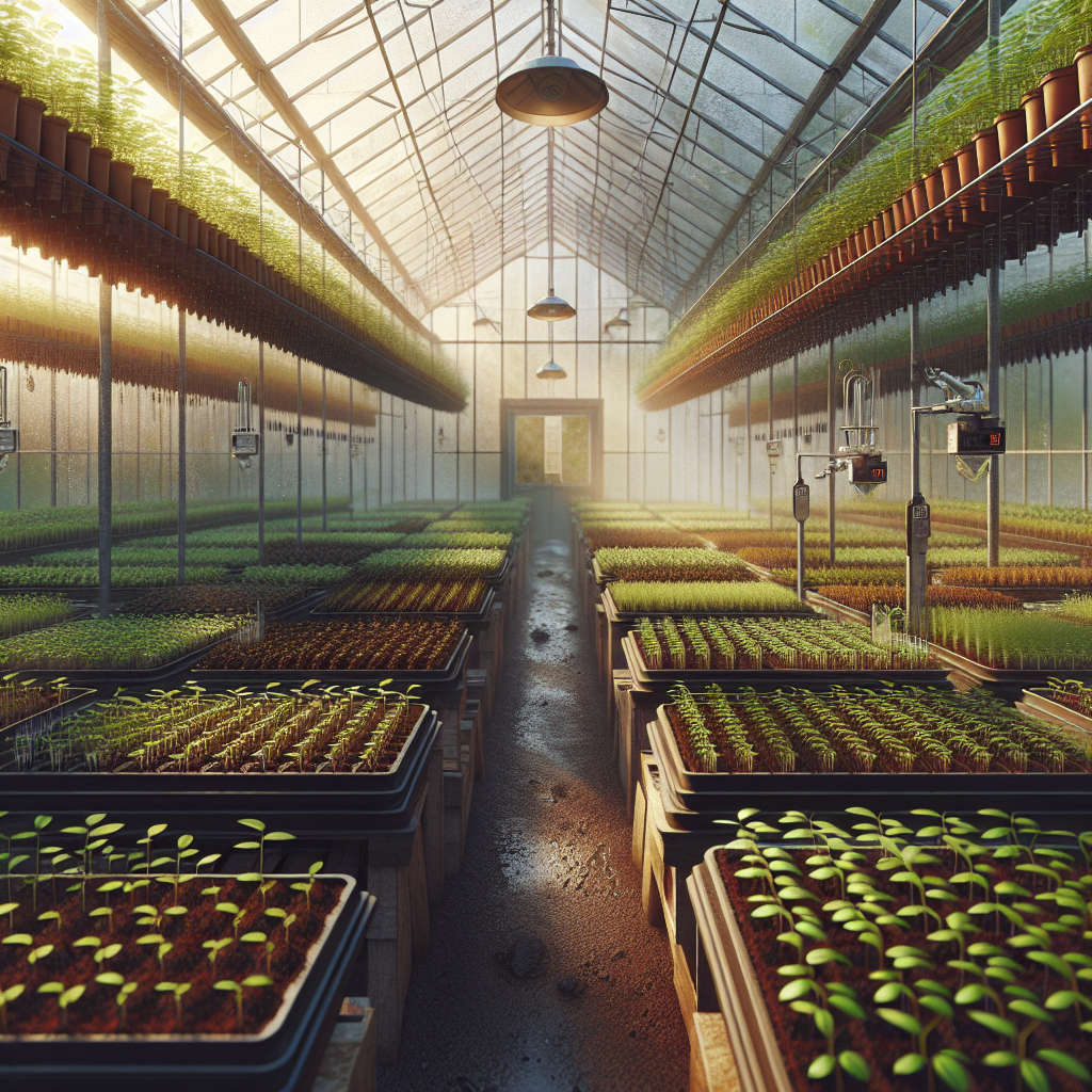 An in-depth view of a greenhouse environment focusing on the care of seedlings. The greenhouse interior is filled with rows of seedlings, neatly placed in brown earth filled trays. Each seedling, vibrant and glowing in the diffused sunlight filtering through the glass walls. The air feels humid, registering on a small humidity gauge hanging at one end. A watering system is set up, ensuring water is evenly distributed. A well-maintained greenhouse with signs of preventive measures against damping off like clean tools, sterilized soil, appropriate spacing between plants and suitable ventilation. No people, text, brand names, or logos are included.