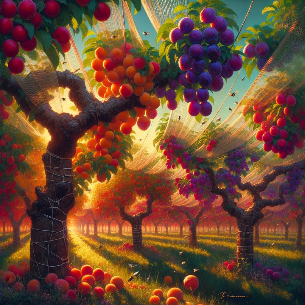 A vivid display of plum and apricot trees in an orchard, bathed in afternoon sunlight. The ripe fruits hang heavy on their branches, displaying a cheery palette of reds, purples, and oranges. Subtle nets have been cast over the trees, serving as protective barriers against an unseen enemy - the fruit fly. Amidst the green foliage, a few flies hover, their wings glittering under the sun, trying in vain to reach the juicy bounty beyond the nets. No people, text, or brands are present in the scene, enhancing the natural beauty of the trees and fruits.