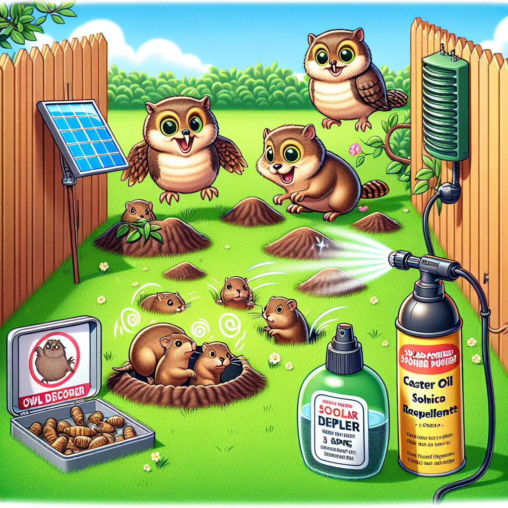 Illustrate a scenario where a couple of lively gophers are trying to dig holes in a lush, green lawn. There are several methods scattered around in the scene that are used to deter these creatures such as an owl decoy, a visual deterrent, perched on the fence, a solar-powered sonic repeller emitting waves from the ground, and a caster oil solution being spritzed from a spray bottle by an unseen person. The gophers appear startled and are in the process of retreating from the lawn.