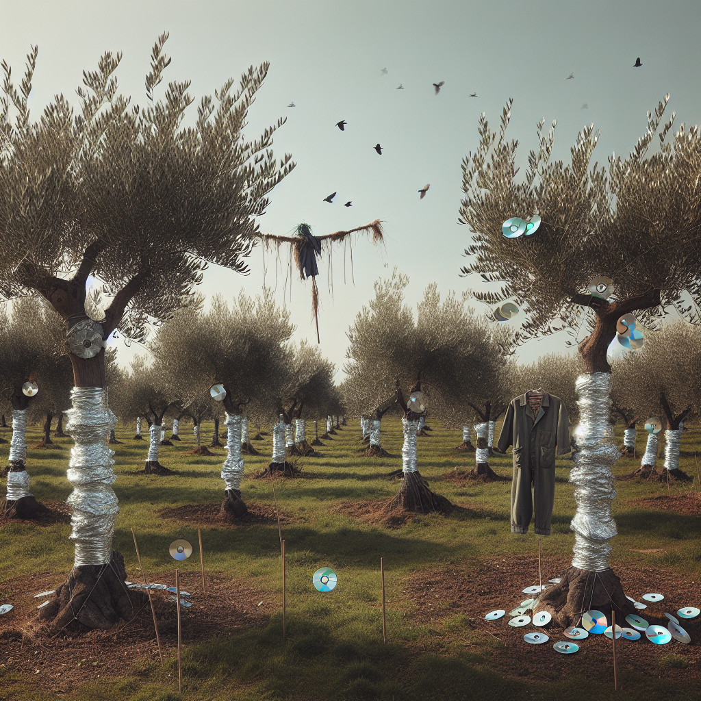 A pastoral scene of young olive trees situated in the middle of a grove. The trees are robust with silvery-green leaves fluttering in the breeze. Homemade preventive measures like shiny tin foil collars encircling the tree trunks, and strings with CD discs hanging off the branches to keep birds away can be seen. A scarecrow is nearby, its outstretched arms and ragged clothing swaying slightly. At the corner of the grove, a few strategically placed insect traps hang from the branches. The clear sky overhead hints at a sunny afternoon while the manicured grass underfoot indicates good care of the plantation.