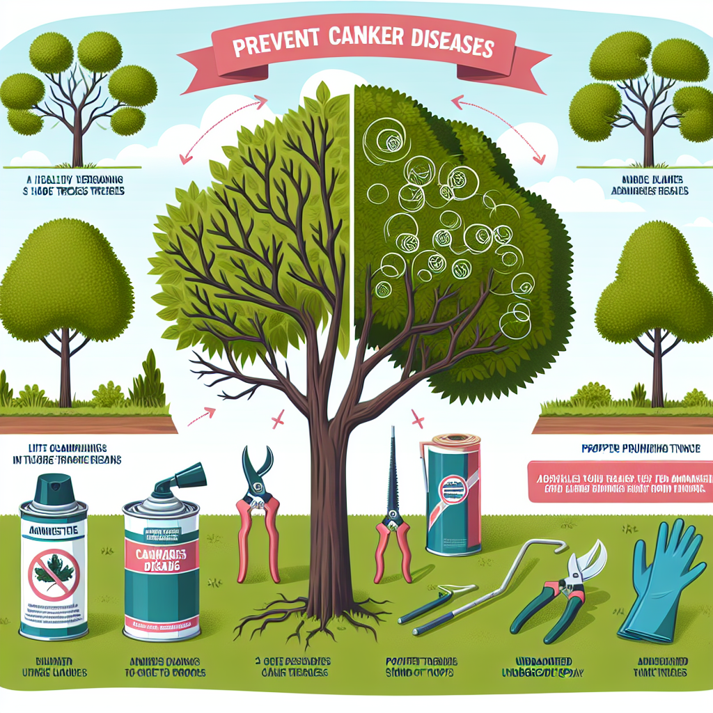 An illustration showcasing the steps on how to prevent canker diseases in shade trees. The image must depict a healthy, verdant shade tree on one side, and a tree showing signs of canker diseases on the other side. Between them, show a selection of tools suitable for managing tree health, such as pruners, gloves, and a can of unbranded, generic fungicide spray. Additionally, demonstrate proper pruning technique without people by visually indicating the cut lines on branches. No text, brand names, logos, or people are included in this image.