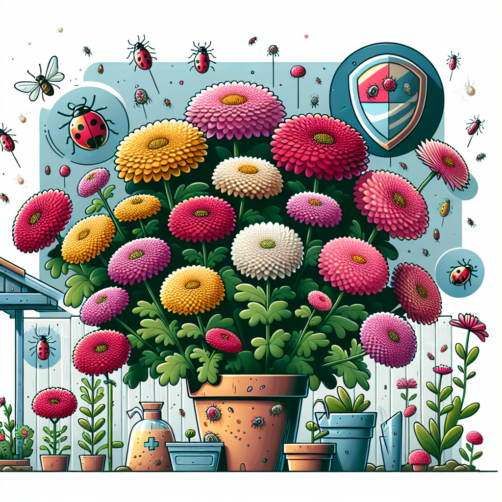 An informative scene focused on garden care, specifically chrysanthemums. An array of colorful chrysanthemums is at the center, showing off their vibrant hues of pink, yellow, and red. Nearby, there are microscopic depictions of mites, drawn in a way to be identifiable but not alarming. Protecting the flowers, there’s an illustrative shield bubble, giving a metaphorical representation of protection against mites. The scene also tries to show various organic pest control methods like ladybugs and a bird feeder off to the side. There are no people, text, or brand logos in this scene.