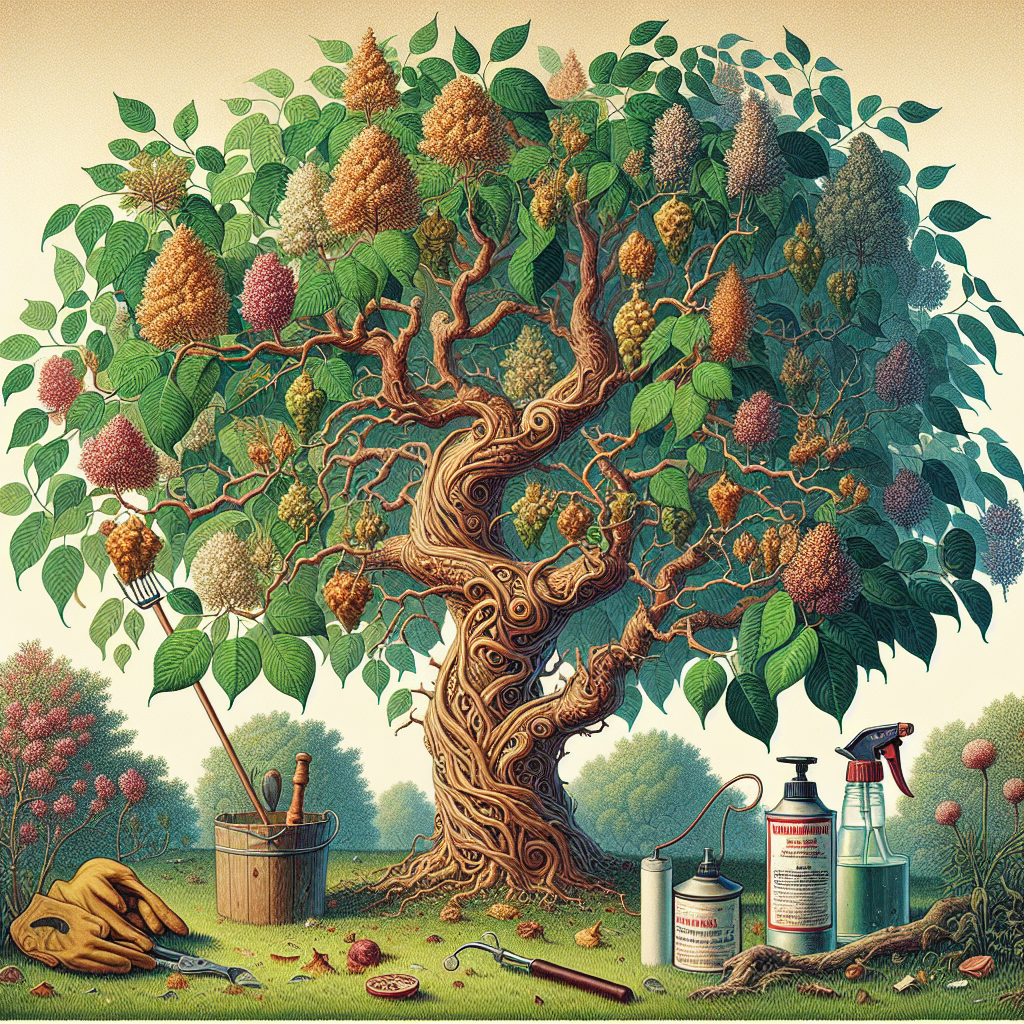 An illustrative scenario showing the battleground against bacterial leaf scorch in elm trees. Let the image unfold a midst an outdoor setting, focusing largely on the vibrant, ornate elm tree stricken with the early signs of bacterial leaf scorch, subtly depicted through shades of brown mingling with the prevailing green. Nearby, portray various benign elements indicating means of combating the disease, such as a spray can, gloves, and a pruning tool, all generic and brand-less. Remember, the setting is devoid of any human presence.