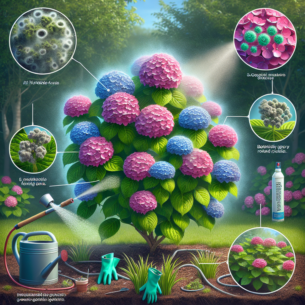 An image demonstrating the gardening procedure of protecting hydrangeas from Botrytis Blight, minus any visible text or humans. Envision a vibrant, healthy hydrangea plant confined within a verdant healthy garden setting. The plant should be lavishly spread with clustered flowers, radiating hues of pink and blue against a backdrop of lush green leaves. Adjacent to the hydrangea, visualize commonly used gardening tools such as a watering can and gardening gloves, implying the process of plant care. Add a misty spray, showing the action of applying organic anti-fungal solution. The botrytis fungus, manifested as grey, fuzzy spore clusters on the plant, should be distinctly limited to indicate successful prevention.