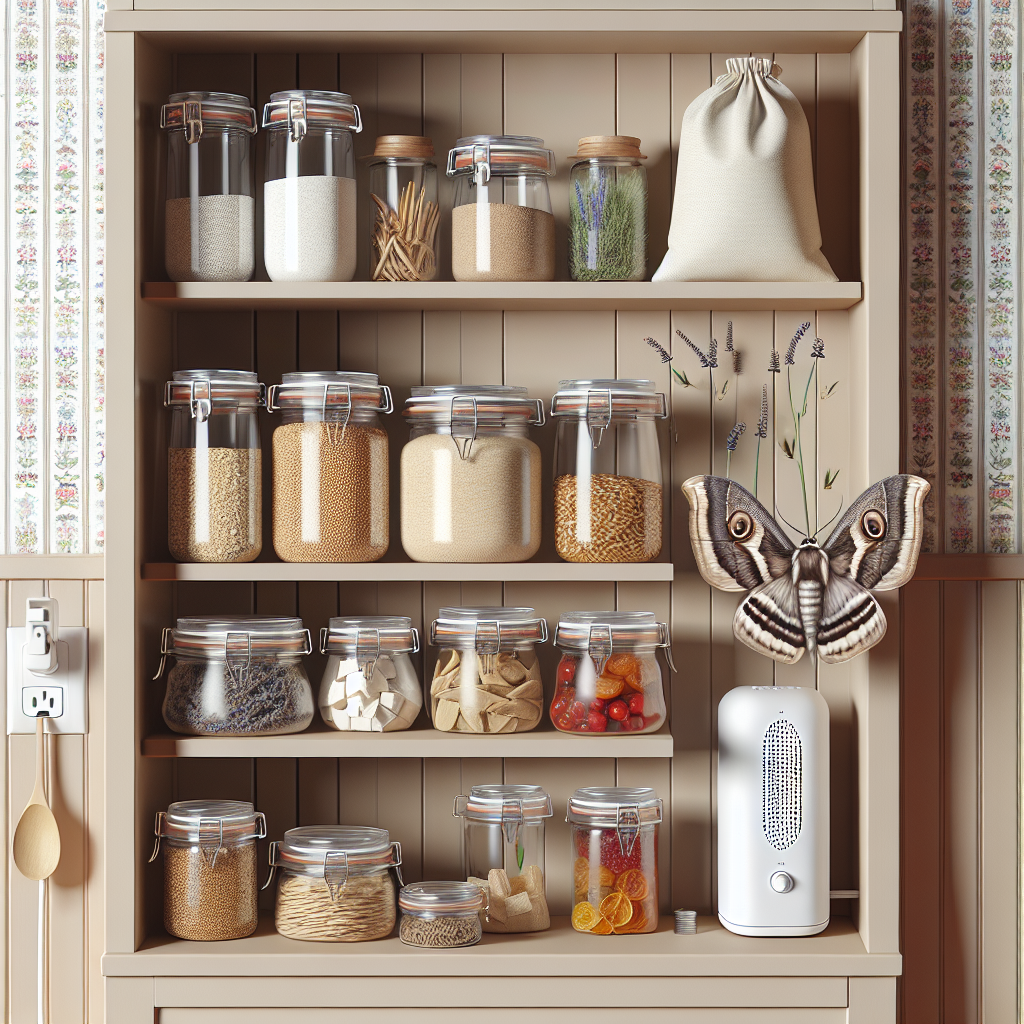 An image offering practical solutions for how to keep moths away from pantry items. Depict an open pantry filled with various items like grains, spices, and dried fruits, all stored in clear glass containers with tightly sealed lids. The pantry should be clean and well-organized. A few sachets of dried lavender and cedarwood pieces are scattered around the shelves, known to deter moths. On a higher shelf, indicate an ultrasonic pest repellent device plugged into an outlet. The image should show a moth, subtly positioned outside the pantry, flying away due to these precautions.