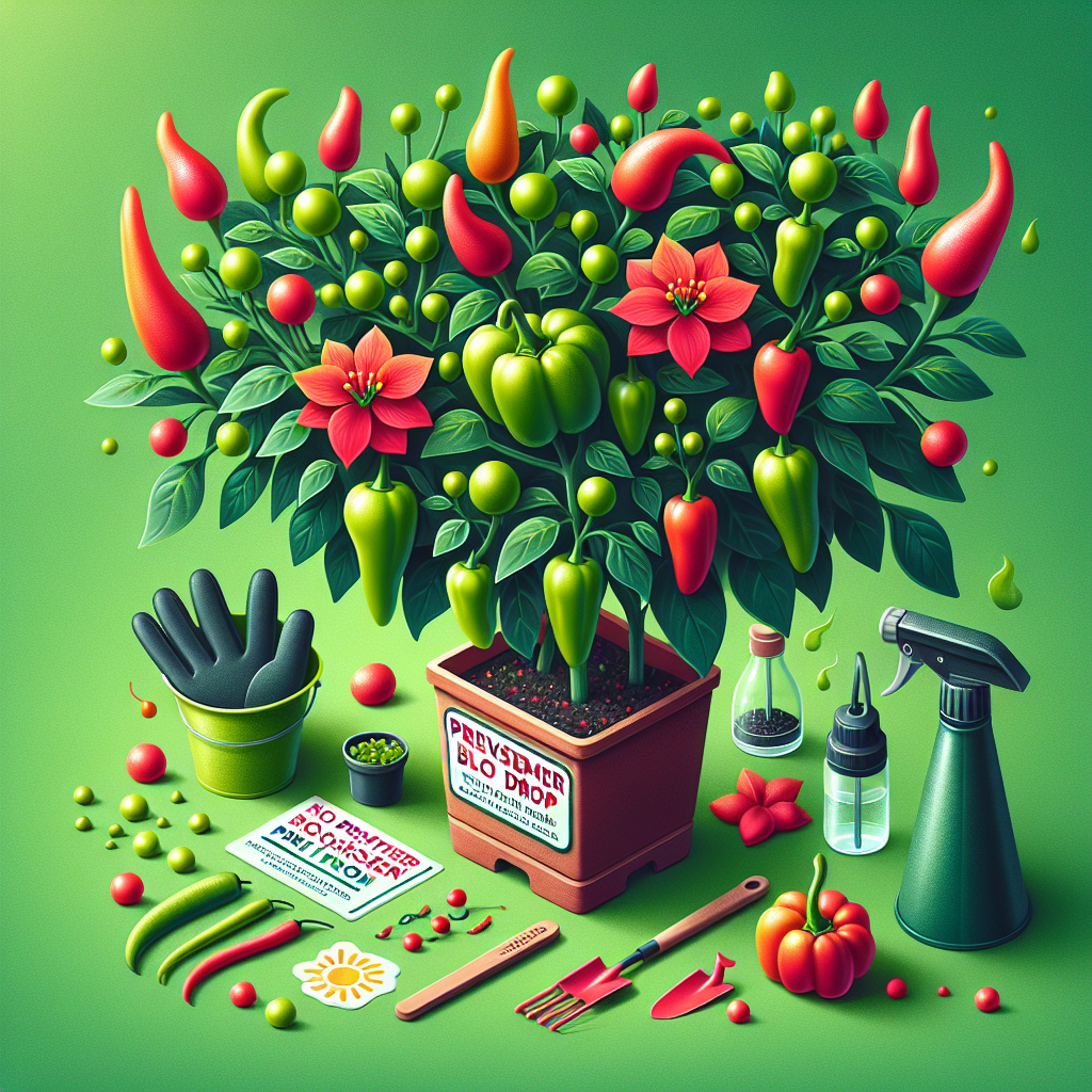 An image that would be perfect for an article related to maintaining the health of plants, particularly hot pepper plants. The main element should be a lush, vibrant hot pepper plant that's teeming with bright red and green hot peppers, appearing strong and resilient against the high-temperature conditions. No blossom drop is visible, an indication of the effective prevention measures. The plant's surroundings are carefully managed - a perfect blend of sun and shade. Beside this, there could be helpful gardening tools such as a water spray bottle, gloves, and a small trowel. The image should beautifully illustrate the article's theme of preventing blossom drop in hot pepper plants in a favorable manner without including humans, text, brand names or logos.