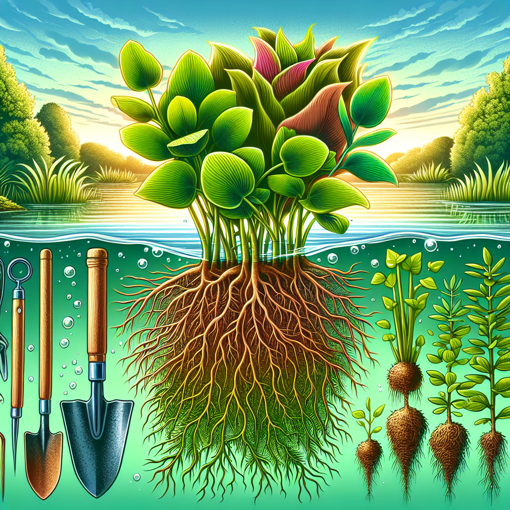 An illustration showcasing the concept of root rot prevention in aquatic plants. The image could depict healthy, vibrant underwater plants with bright green, lush leaves and robust roots contrasting against some plants showing signs of unhealthy, brownish, decaying roots. Also, some generic aquatic gardening tools like a pair of gloves, a small shovel, and shears can be floating nearby. Fill up the background with the serene sight of a pond's water surface under a sunny sky. Remember, no text, people, or branded items in this imagery.