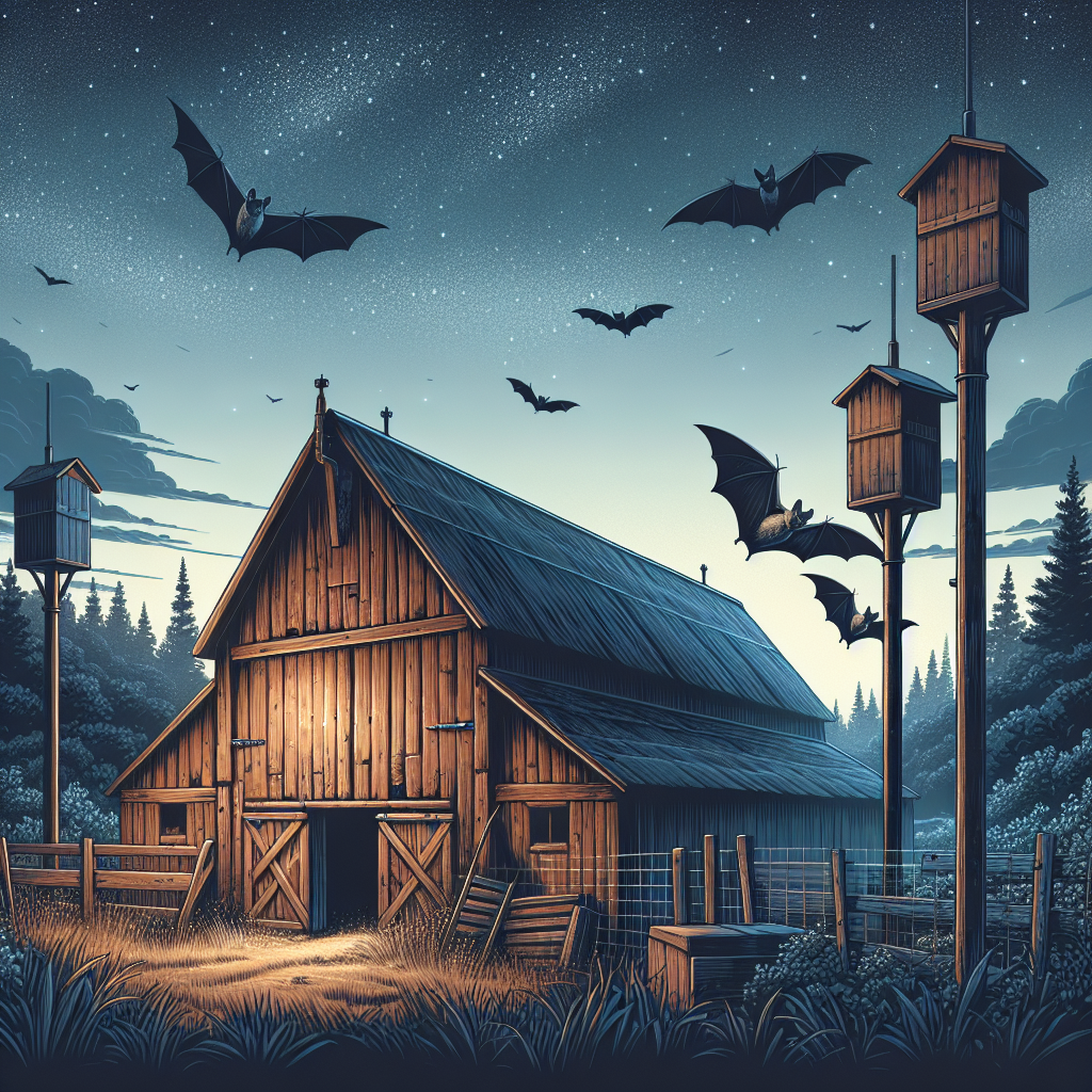 Create an illustration visualizing a rustic, wooden barn and an old attics under a twilight sky, starlit and a bit mysterious. To depict deterrence for bats, the barn and attic should have protective wire mesh installed around the openings like windows and eaves to prevent the entry of bats. In the surroundings, prominent bat boxes on tall poles are present, providing an alternative habitat for bats. Do not include any human characters, text, brand names, or logos.