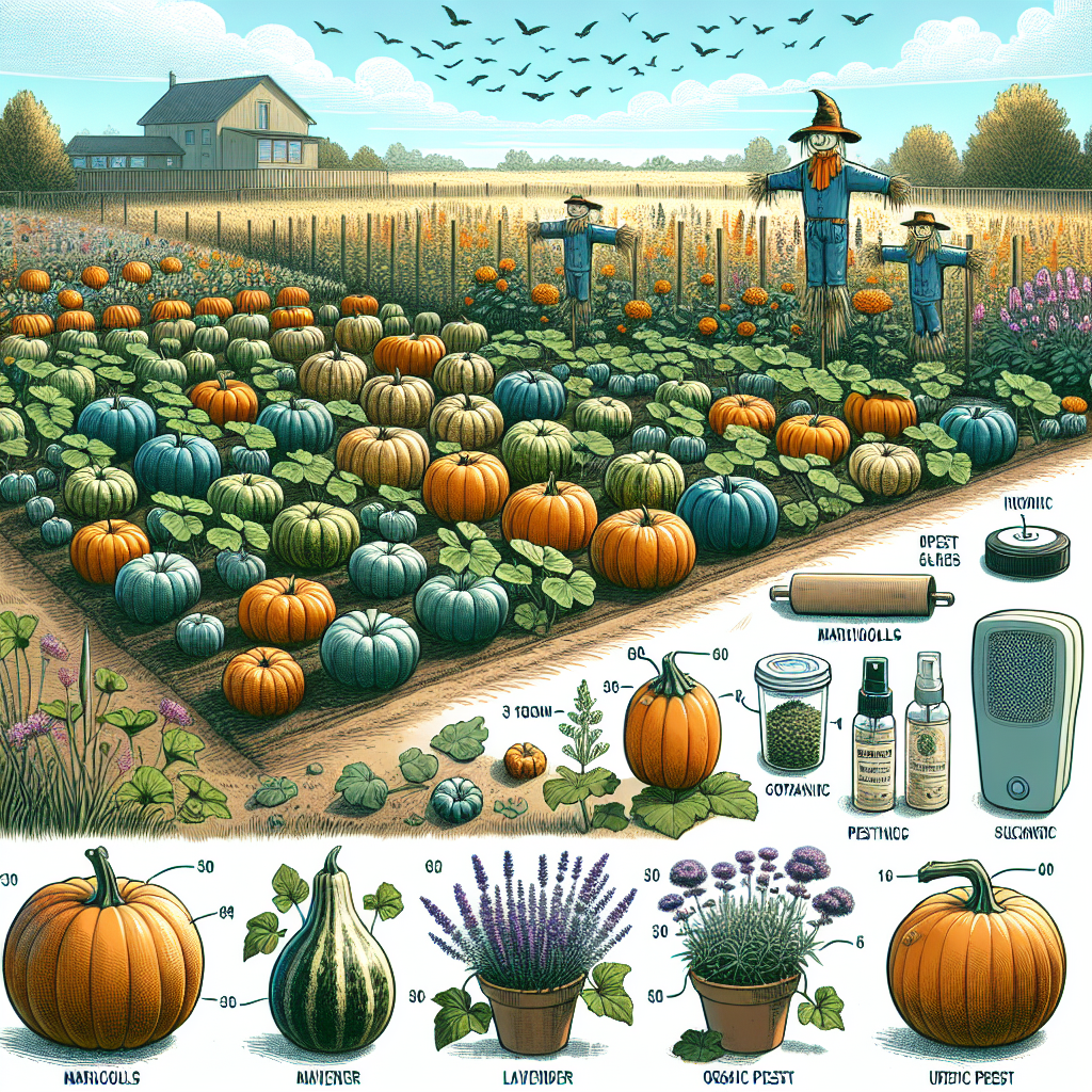 Illustrate an image showing a variety of pumpkins and gourds arranged neatly in an open field setting. Surrounding the field of gourds and pumpkins are various types of pest-deterring plants like marigolds, lavender, and catnip. Also, include a few scarecrows scattered throughout the field. In addition to this, blend in some pest-deterring tools such as ultrasonic devices and organic pest deterrent sprays around the field. The overall atmosphere should be bathed in natural sunlight with a clear blue sky backdrop.