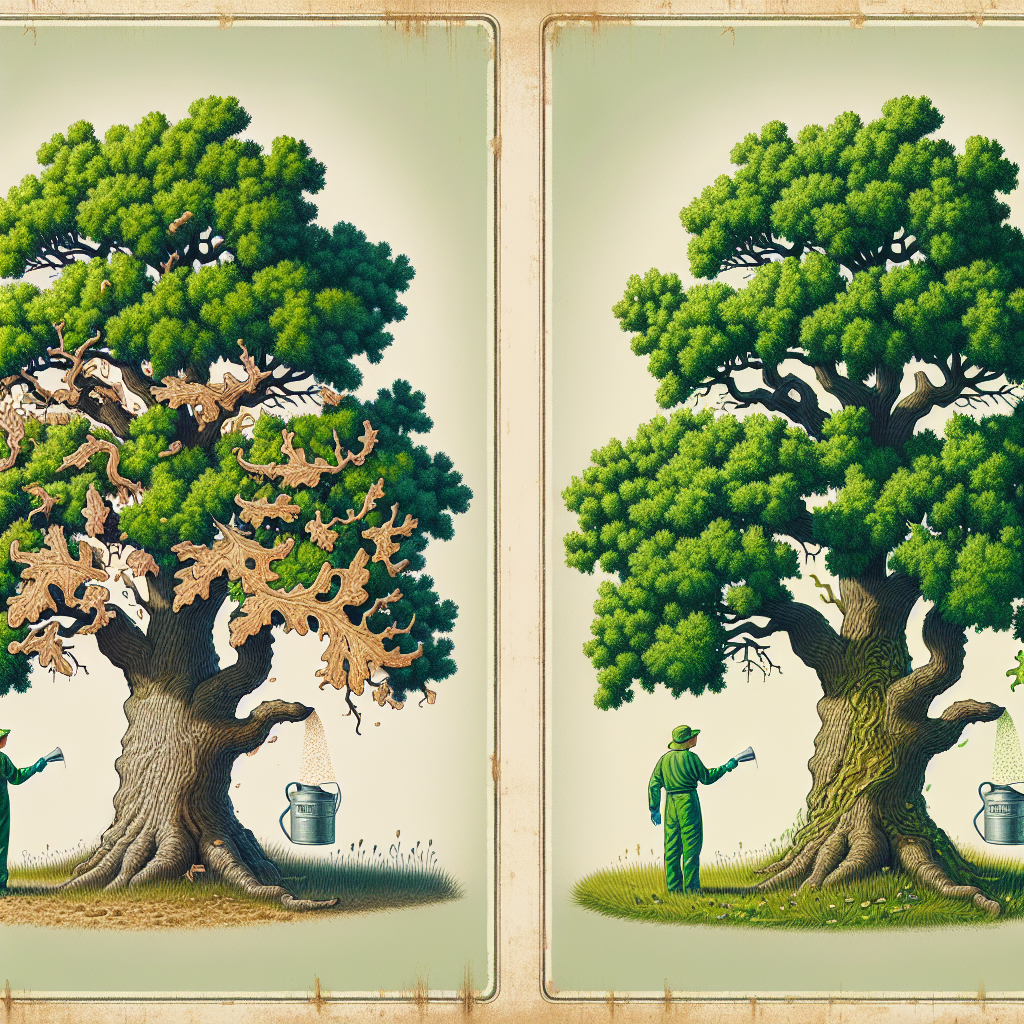 An illustration showcasing the prevention of Leaf Blister on Oak Trees. The image depicts a healthy, verdant oak tree flourishing on one side, giving the viewer a sense of its natural beauty and grandeur. On the other side, another oak tree is illustrated showing distinct signs of leaf blister—edges curling upward with a rustic hue. Between the two trees, visualize common preventive measures such as a detailed illustration of a hand applying a natural preventive treatment to the tree or a watering can distributing a healthy concoction. The image should be rich in color, emphasizing the contrast between the healthy and afflicted sections of the trees. Note, there should be no people, text, or brand logos within the image.