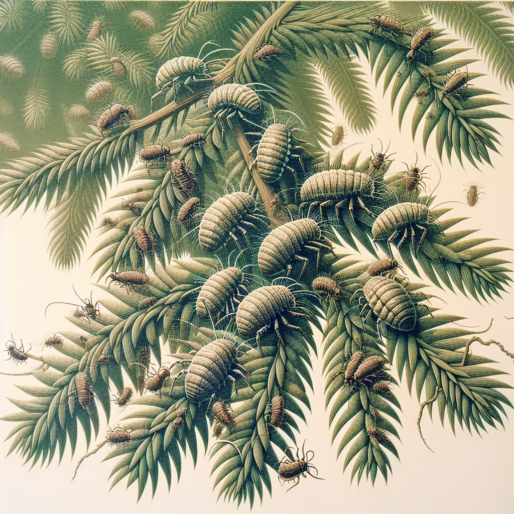 An illustrative image depicting the struggle against the Woolly Adelgid infesting Hemlock trees. The image is devoid of any human figures. It captures a close-up view of a Hemlock tree's branches, subtly showcasing its inherent beauty. Several Woolly Adelgid can be seen trying to encroach onto the branches. However, they face active resistance in the form of natural predators, such as beetles, which are known to combat the pest. The depiction is void of any textual elements, brand logos, or trademarked products.