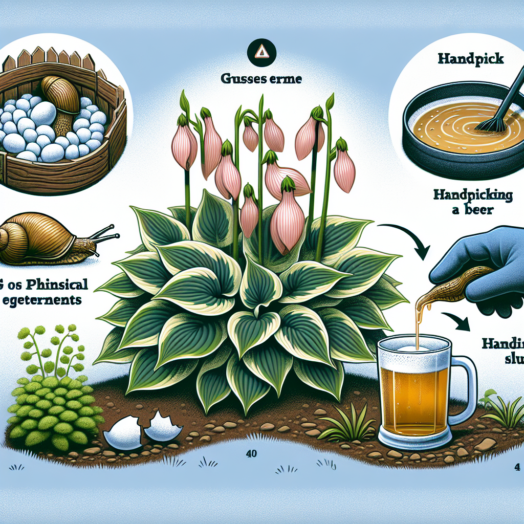An informative illustration showcasing various techniques to prevent slugs from damaging hostas. It could feature a healthy, thriving hosta in a garden setting with a defensive perimeter of crushed eggshells acting as physical deterrents. In another section of the image, a small saucer filled with beer placed strategically near the hostas representing a trap. Lastly, the image can include a representation of handpicking slugs, symbolized by a gloved hand hovering over a slug in the predawn light. No text, people, brand names, or logos are included in this depiction.