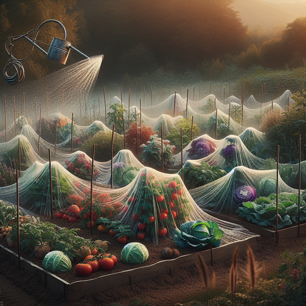 A visual representation of a vegetable garden during the frosty season. Various types of vegetables such as tomatoes, lettuces, and cabbages are seen nestled in the garden bed, covered artistically with frost protectors that appear as translucent sheets spreading over the plant's canopy. The setting is a serene countryside, rich in earthy colors, presenting the tranquility of a chilly winter morning. Transparent water droplets from a manually operated old-fashioned metal garden sprayer are seen mid-air, emphasizing the practice of frost protection. No humans, text or brand names are present.