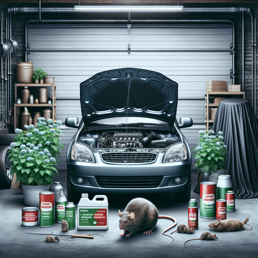 A visual depiction representing the prevention of rodents from occupying vehicle engines. The main scene features an automobile parked in a garage. The hood of the vehicle is open, showcasing a clean, well-maintained engine. Around the garage are various implements typically used to deter rodents, including peppermint plants and non-text-bearing containers of natural repellents. Lying nearby are covers for both the car and the engine compartment. Utmost care should be taken to show no brands, logos, humans, or any form of text within the image.