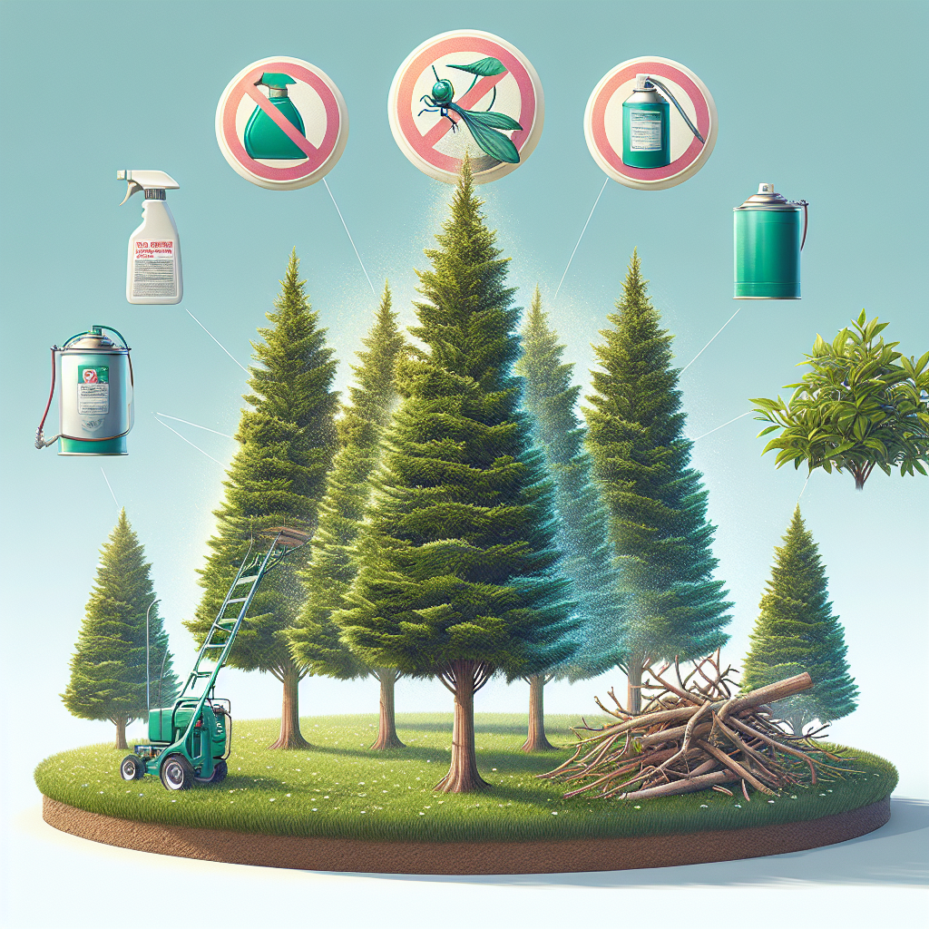 An image showcasing a verdant landscape of Cedar trees standing tall and strong. Among these trees, key preventative measures against Cedar Rust are visible, but subtly integrated into the scene. First, a no-spray zone around the base of the trees symbolized by small markers. Second, a clean, crisp, non-branded agricultural sprayer, lightly dusting enamel-colored fungicide onto the lower branches of a tree, suggesting regular treatment. Third, a pile of pruned branches safely distanced from the healthy Cedar trees, implying proper sanitization. All this imagery is presented during a sunny spring day, giving a positive undertone to the ecological care being demonstrated.