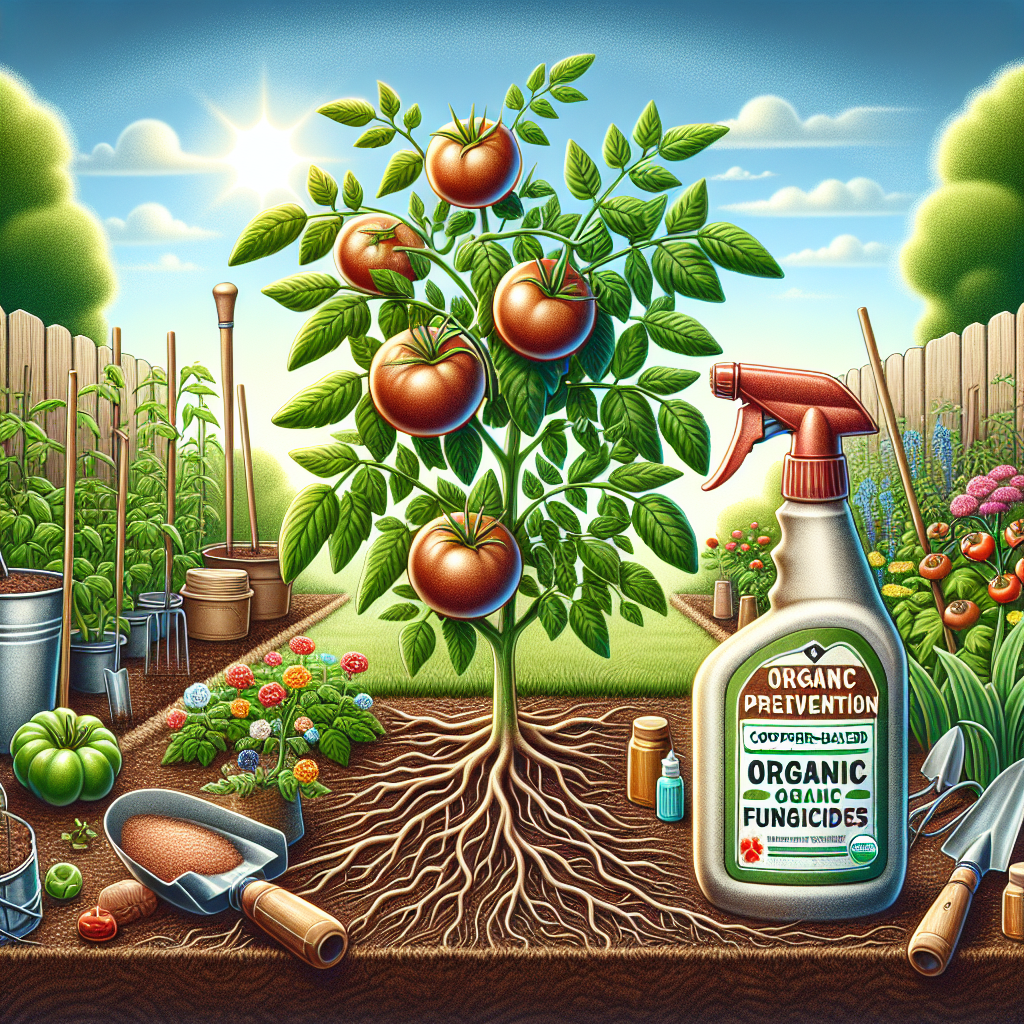 An educational image showcasing organic prevention methods against early blight on tomato plants. The image features healthy tomato plants growing in a well-maintained garden. Surrounding them is natural mulch and these plants are protected by copper-based organic fungicides, represented by a small generic spray bottle. A diverse variety of other common gardening tools are scattered around. The sky is bright and the sun is shining, indicating a favorable weather for plant health. All elements in the image are artistically drawn and there are no brand names, logos, or people present.