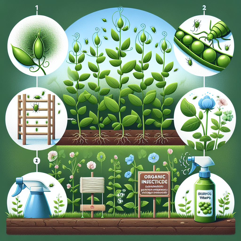 An illustrative scene showing a lush green garden full of healthy peas plants. A close look reveals tiny aphids in shades of green hovering around the plants. Adjacent to this, there is a variety of protection methods being depicted without people involved: a line of diatomaceous earth surrounding the plants, an installation of sticky traps, a spray bottle with organic insecticide, and planting beneficial insect-attracting flowers. These elements should be clear enough to signify strategies to protect peas from aphid infestations.