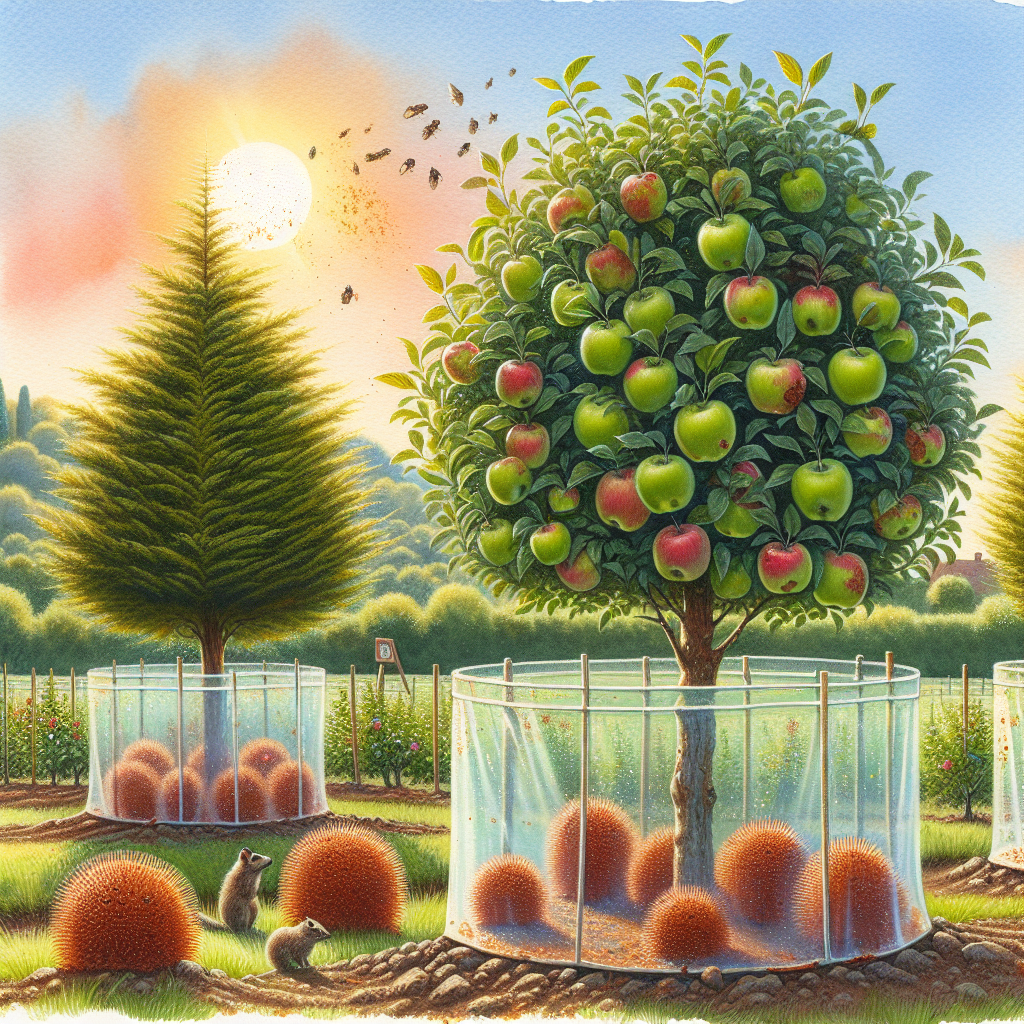 An idyllic rural landscape showing a few leafy, fruit-laden apple trees under the bright sun. Near them, rust-colored spores are visibly floating over a couple of cedar trees trying to reach the apple trees. A protective transparent barrier surrounds the apple trees preventing the spores from reaching them. The field is also filled with various critters like birds, squirrels and hedgehogs. In the sky, there's a gentle watercolor burst of colors as the sun slowly starts to descend behind a picturesque hill in the distance.
