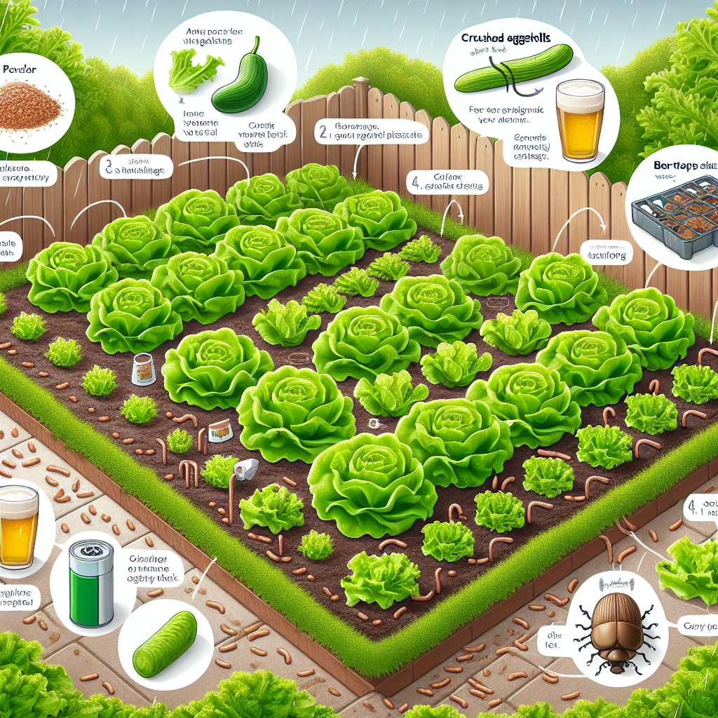An instructional scene featuring a lush, green lettuce garden during the late afternoon. There are young, tender lettuce plants placed symmetrically in a symmetrical vegetable patch. Some barriers like crushed eggshells, copper tape, and beer traps are cleverly placed around the plantations, deterring many small, glossy brown slugs. A light drizzle is just starting. No people, text or brand logos are present in the image.