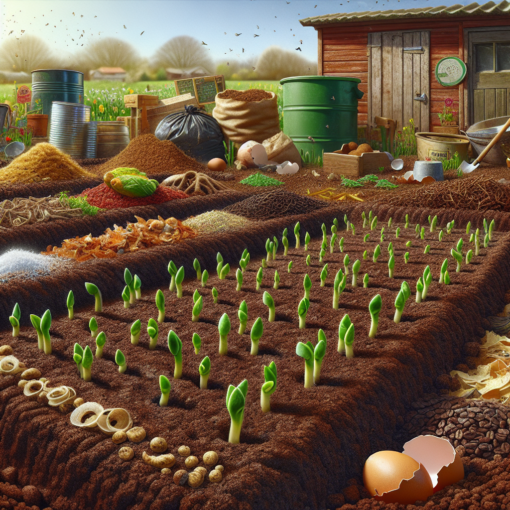 A scene depicting an open field with fresh seedling beds, characterized by tiny green sprouts poking up from the rich, brown earth. Around the beds, there are various natural obstacles created as barriers against cutworms, such as crushed eggshells, diatomaceous earth, and coffee grounds scattered around. In the background, one can spot a compost bin and various garden tools resting against a wooden shed. The sky overhead is clear and sunny, casting a warm golden glow on the entire scene.