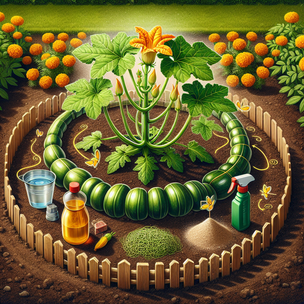 A vibrant depiction showing a healthy zucchini plant in full bloom, growing in well-drained soil in a sun-drenched garden. There's a visual representation of a fence made of marigolds circling around the plant, symbolizing a natural barrier. Interlaced within the scene, showcase organic treatment methods like a tablespoon of dish soap mixed with a quart of water in a spray bottle and a small pile of diatomaceous earth. Both are set near the plant but not directly on it, indicating their use for preventing squash bug infestations. No brand names, logos, people or text included.
