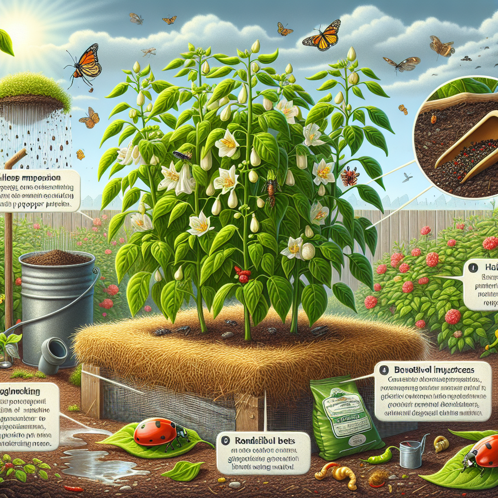 A visual representation of natural means to prevent blossom drop in pepper plants. The image offers an idyllic scene depicting healthy pepper plants in a garden, full of blossoms which remain intact. A mesh of hay is spread around the base of the plants indicating mulch application to conserve water moisture. A compost bin full of various decomposing organic matters hints at nutrient addition. Beneficial insects like ladybugs, seen on leaves serve as natural predators for harmful bugs. Rainwater given through a water can depicts the strategy of correct watering method. Notably, there are no people, item texts, or brand logos in the image.