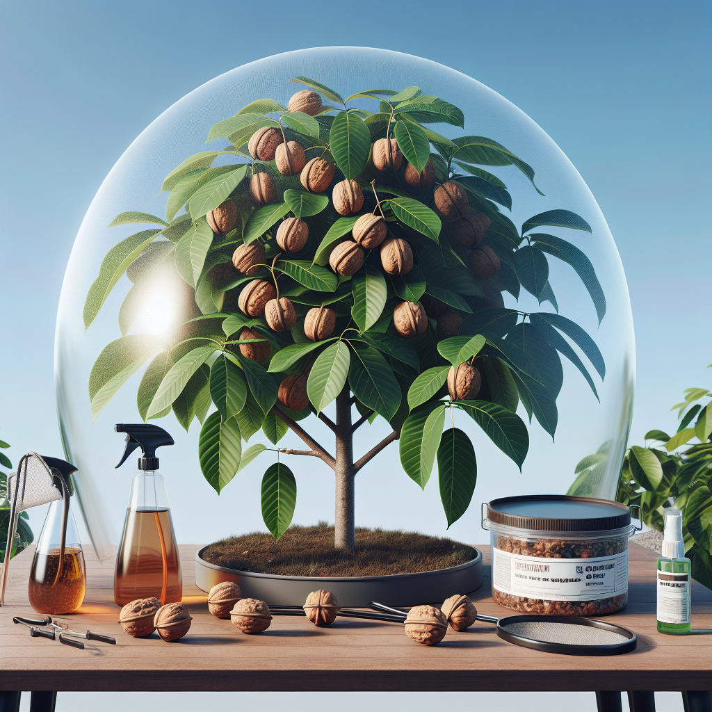 Image showing a walnut tree with dark green leaves and numerous ripe walnuts hanging from the branches. A transparent dome-like shield surrounds the tree to prevent any insects from reaching the walnuts. Nearby, a small table holds an assortment of non-branded pest control items such as a spray bottle filled with a DIY organic pesticide made from a clear, amber liquid, a handheld insect net, and an unmarked box of insect traps. The sky above is clear and blue, signifying a perfect day for outdoor gardening activities.