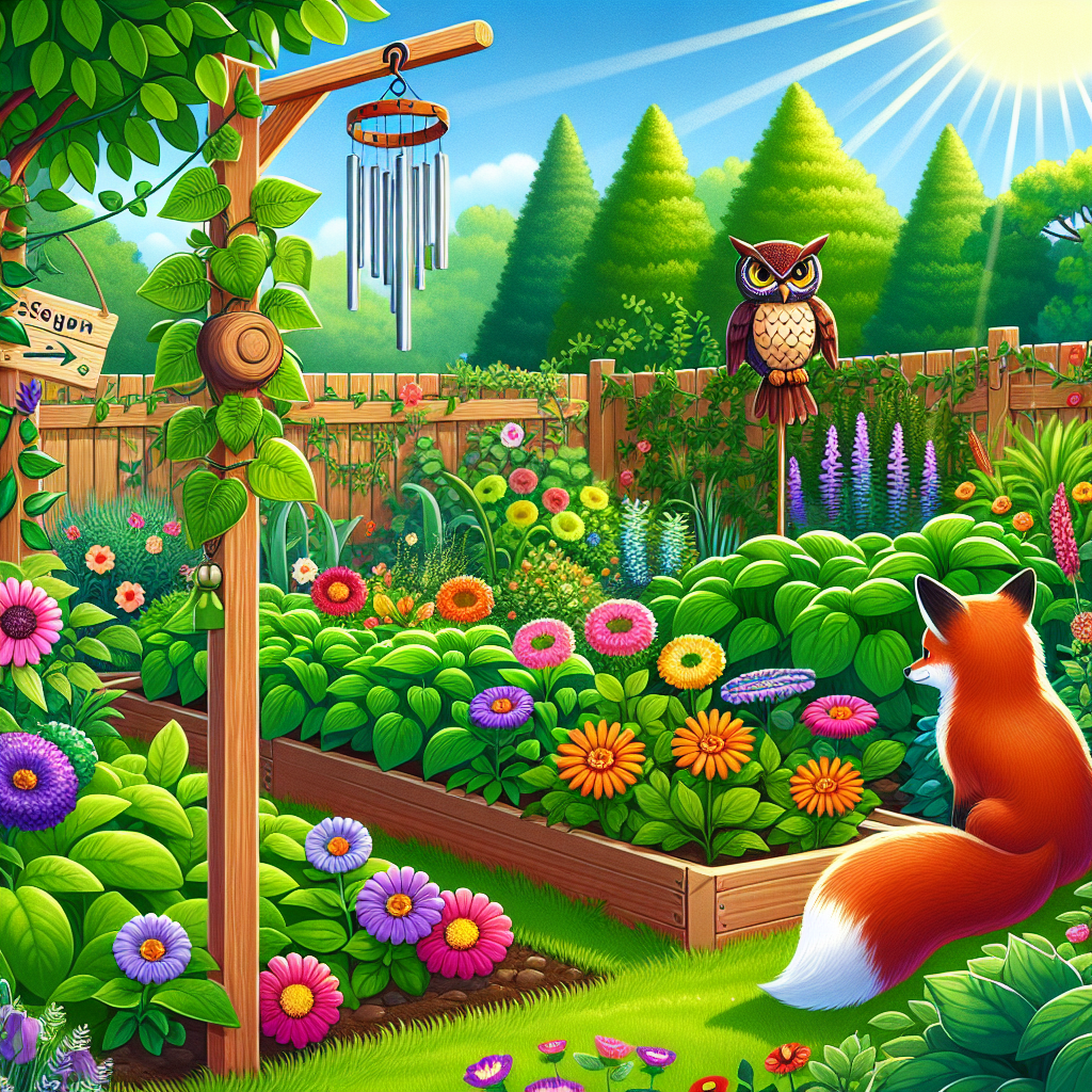 An illustration of a vibrant garden filled with a variety of leafy green plants and beautifully blooming flowers in different colors. The garden is surrounded by natural deterrents meant to keep animals away. A noise-making wind chime hangs on a sturdy garden stake while an owl-shaped scarecrow is visible in another corner. The sun is brightly shining down on the garden and there are no visible logos or brand names in the scene. A curious red fox is seen at the edge of the garden, hesitating before entering, contemplating the garden's barriers.