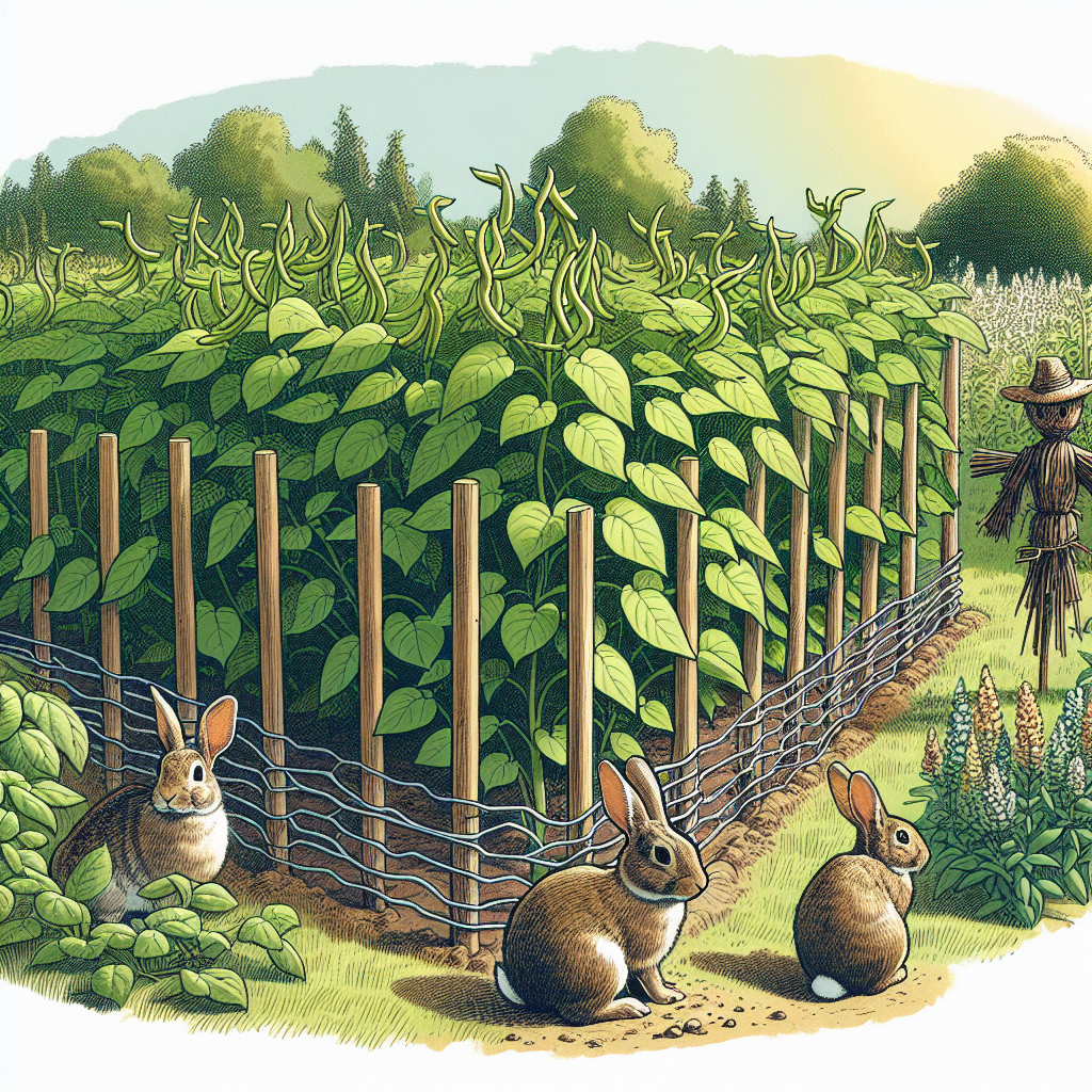 An illustration of a lush garden filled with mature bean plants. Nearby, a couple of rabbits can be seen, but they are repelled by a natural barrier around the garden. The barrier could be a low fence made of wooden stakes and chicken wire, strategically placed scarecrow, or an array of fragrant plants that rabbits tend not to like. The plants thrive in the sunlight, untouched by the rabbits, offering a depiction of successful rabbit deterrent strategies. The scene happens during daylight in the calm, serene environment of the garden.