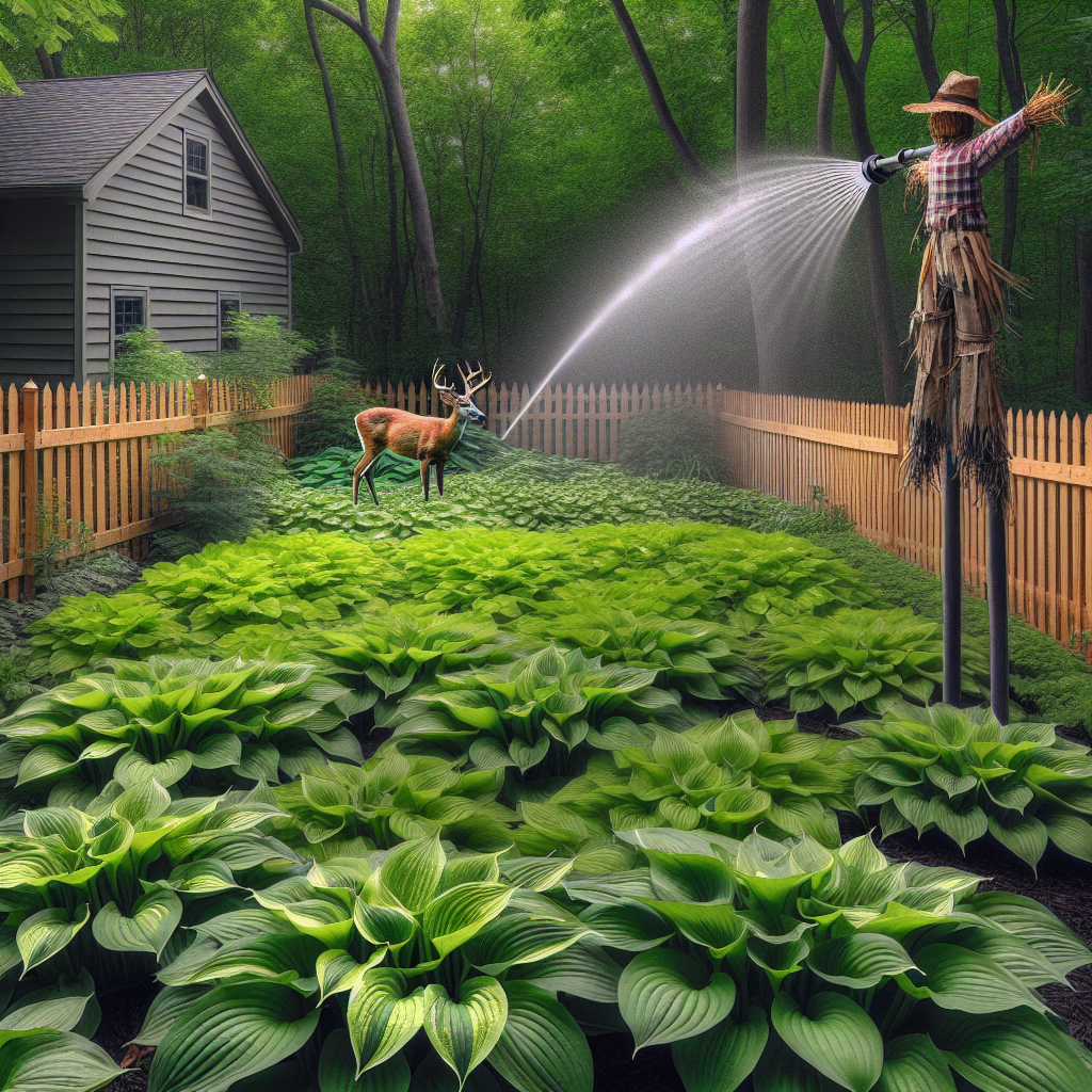 Generate an image depicting a lush garden filled with vibrant green hostas. Integrate effective wildlife deterrents into the scene, such as a tall wooden fence, a realistic scarecrow, and a garden sprinkler. Include some deer in the distance, looking longingly at the garden, but unable to get close because of the deterrents. Ensure no humans, text, or brand names are present in the image.