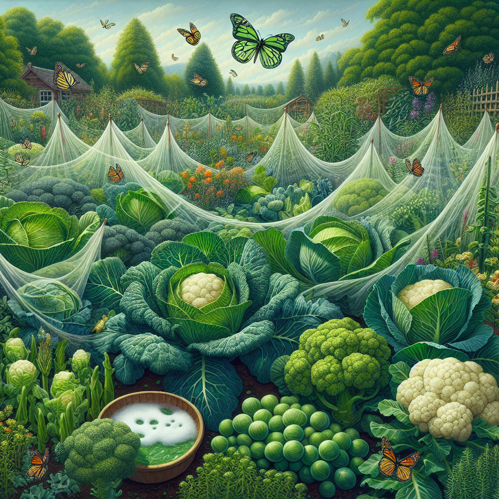 An elaborate scene featuring a verdant vegetable garden heavily populated with various Brassicas such as broccoli, cauliflower, and cabbage. In the foreground, various natural deterrents for cabbage moths are evident, such as interspersed plantings of aromatic herbs. Netting, akin to a gossamer veil, is draped over the Brassicas, providing a physical barrier against the moths. Biodegradable soap suds lightly cover some of the leaves, representing homemade insecticidal soap. Fluttering in the air are a few butterflies, symbolically representing the cabbage moths, but they're clearly deflected by the protective measures. The scene is devoid of any human figures, logos, or brand names.