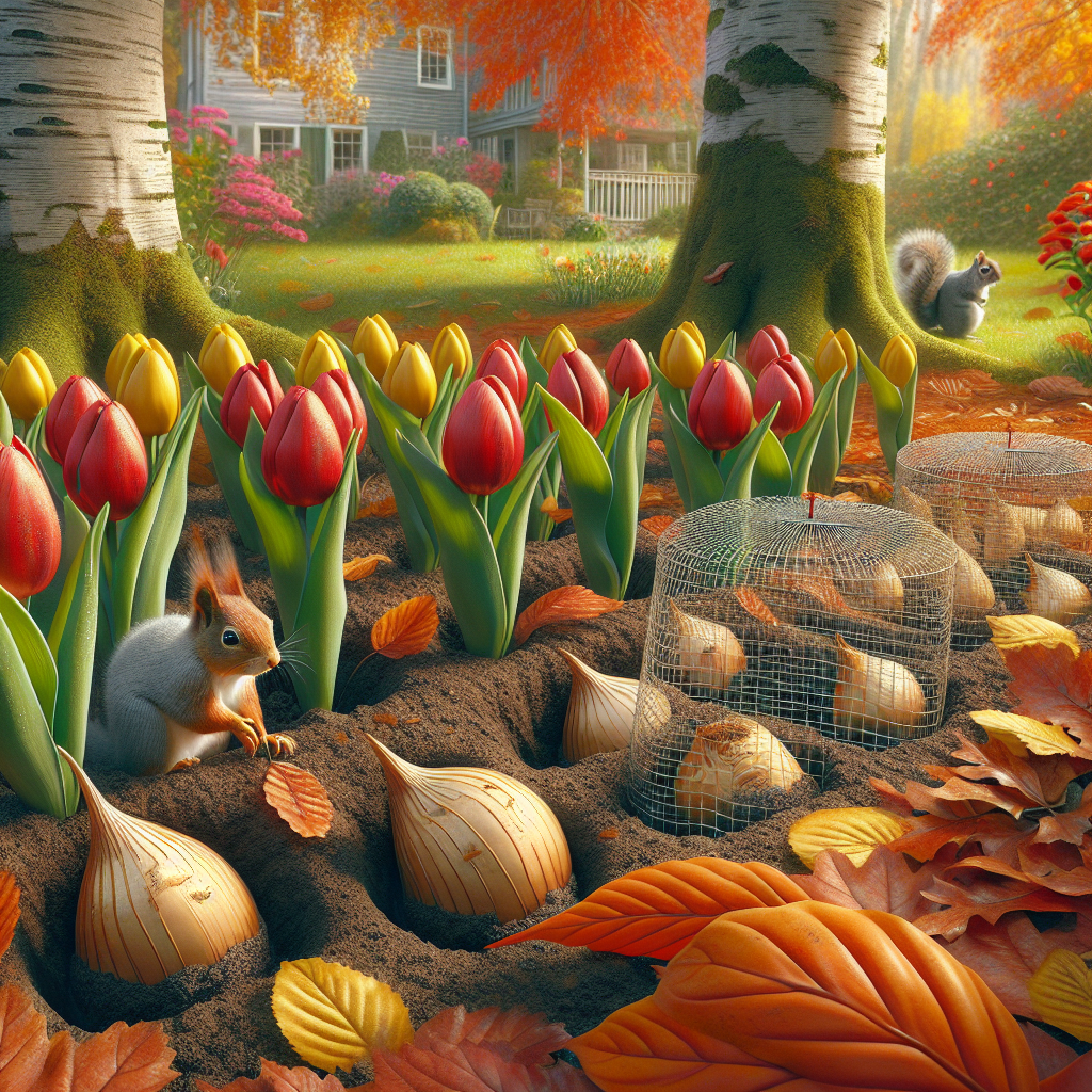 An autumn-themed image showing a serene backyard garden scene with a number of vibrant red and yellow tulip bulbs, half buried in the soft, moist earth, waiting to be planted. Squirrel-proof measures, like a small wire mesh covered in rust-colored leaves, are in place around the bulbs. A curious gray squirrel is seen in the distance, about to approach but appearing confused and deterred. There are no people, text, or logos in the image.