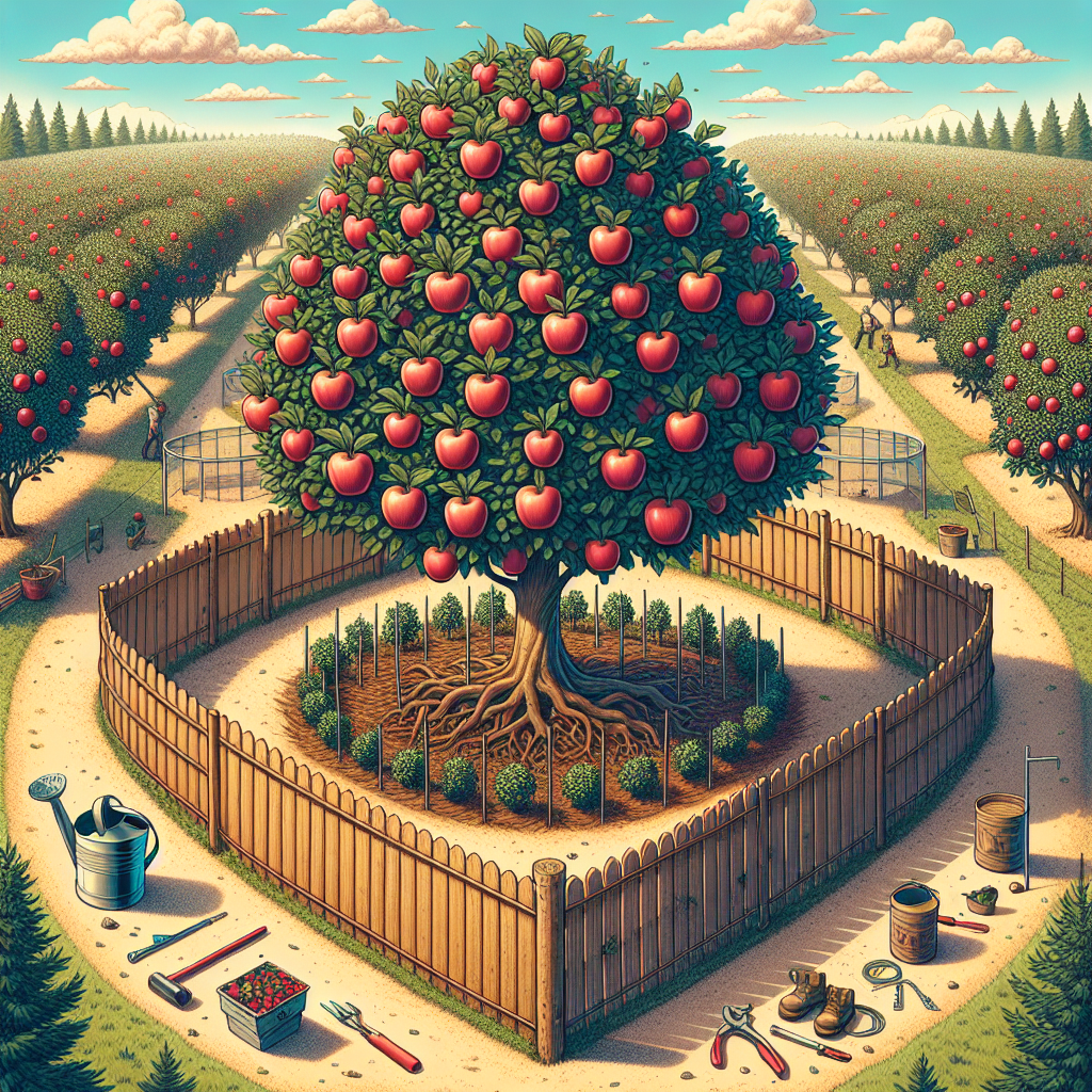 An image showcasing a healthy, lush apple tree filled with ripe, red apples. A bird's eye view of an organic apple orchard. Around the tree, barriers like a fence and mulch appear, systematically arranged to keep pests at bay. However, there are no humans depicted in the scene. The sky is a clear blue with occasional puffy clouds drifting across. There are no brand names, logos, or text in this image. Also depicted are implements, such as a watering can and a pruner, used for maintaining the health of the tree, lying nearby but at a safe distance.