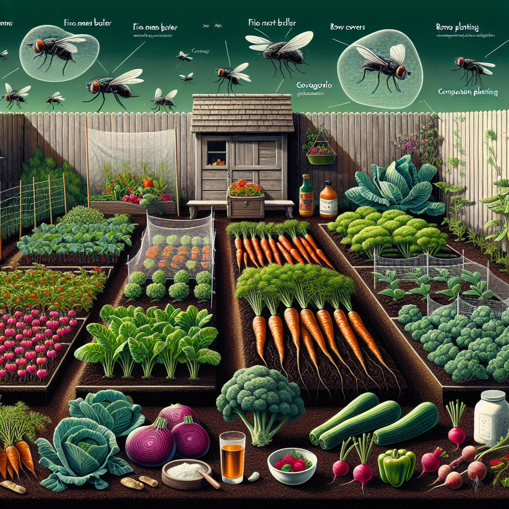 An image depicting a lush kitchen garden filled with various root vegetables like carrots, radishes, and beets. The carrot fly, a small black insect, is hovering over the garden, poised for attack. However, preventive measures like fine mesh barrier, row covers, and companion planting are seen implemented in the garden to ward off these pests. Cruciferous plants like cabbage, broccoli, and kale are also seen around the perimeter of the garden as part of the companion planting strategy. The scene captures the struggle and effort behind organic farming while also celebrating its rewards.